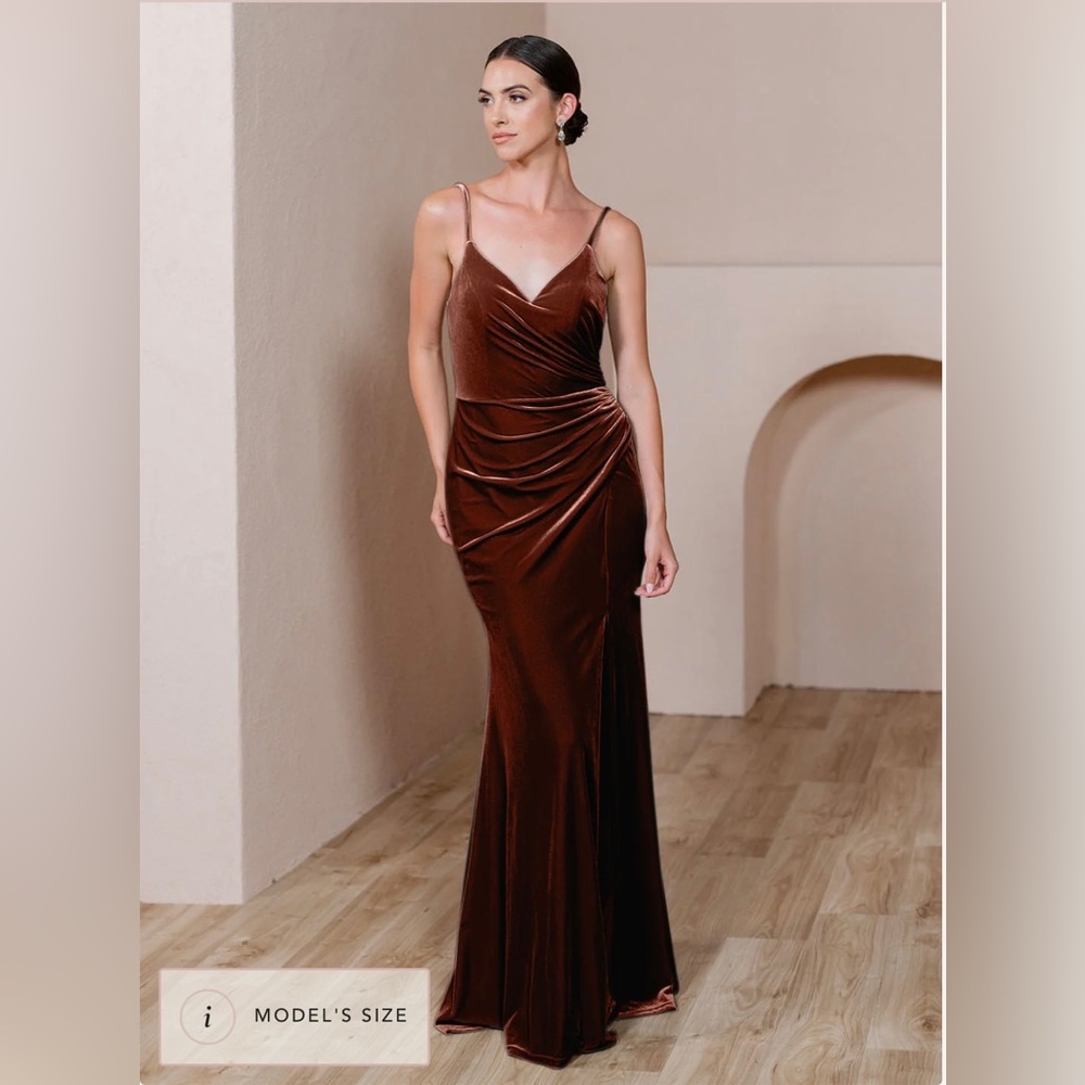 Beautiful Velvet gown from Revelry. The color is Terracotta, thick material